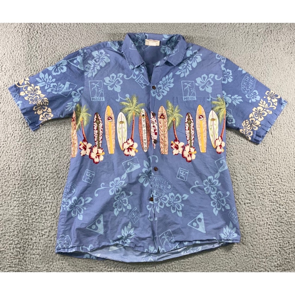 VTG Winnie Fashion Hawaiian Shirt Men L Blue Surfboard Maui North Shore Aloha